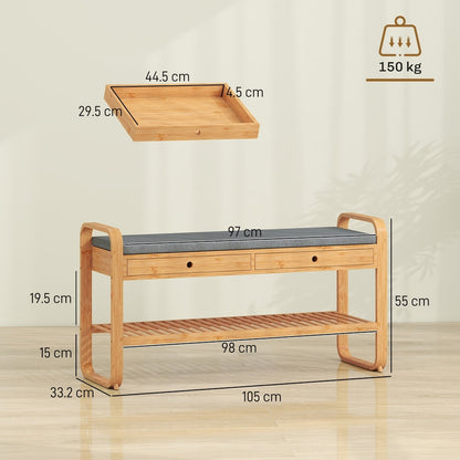 The shoe storage bench with dimensions shown