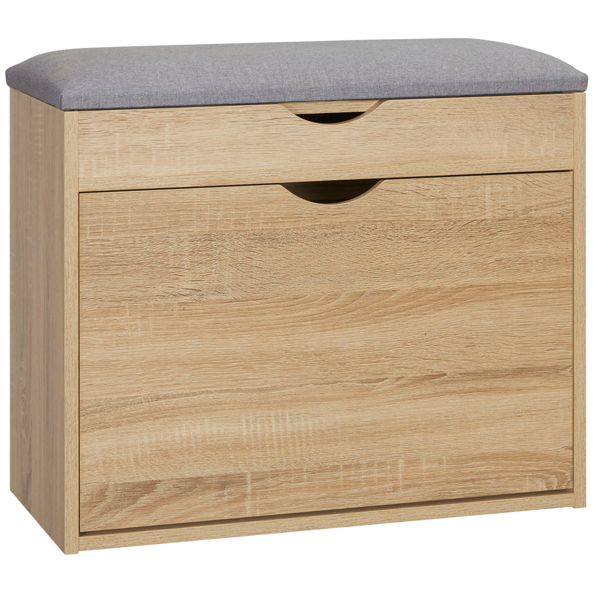 HOMCOM Shoe Bench with a grey padded seat and natural wood effect cabinet with two drawers