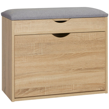 HOMCOM Shoe Bench with a grey padded seat and natural wood effect cabinet with two drawers