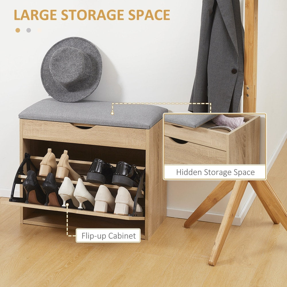 The shoe storage bench with its flip-up cabinet open showing shoe storage and hidden space