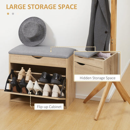 The shoe storage bench with its flip-up cabinet open showing shoe storage and hidden space