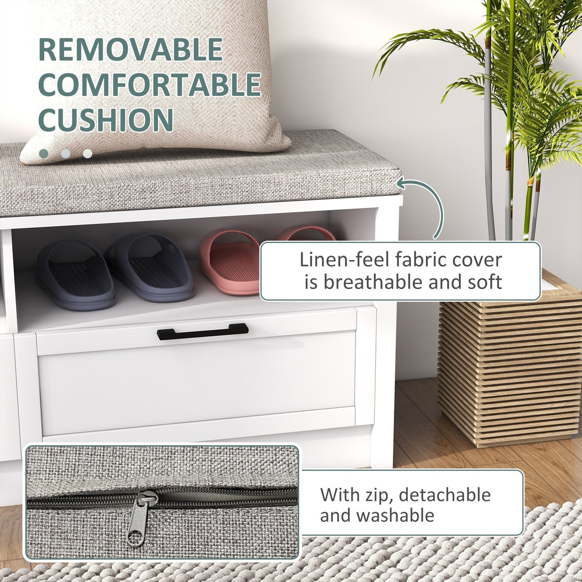 The shoe storage bench highlighting the removable fabric cushion with a close-up of the zip