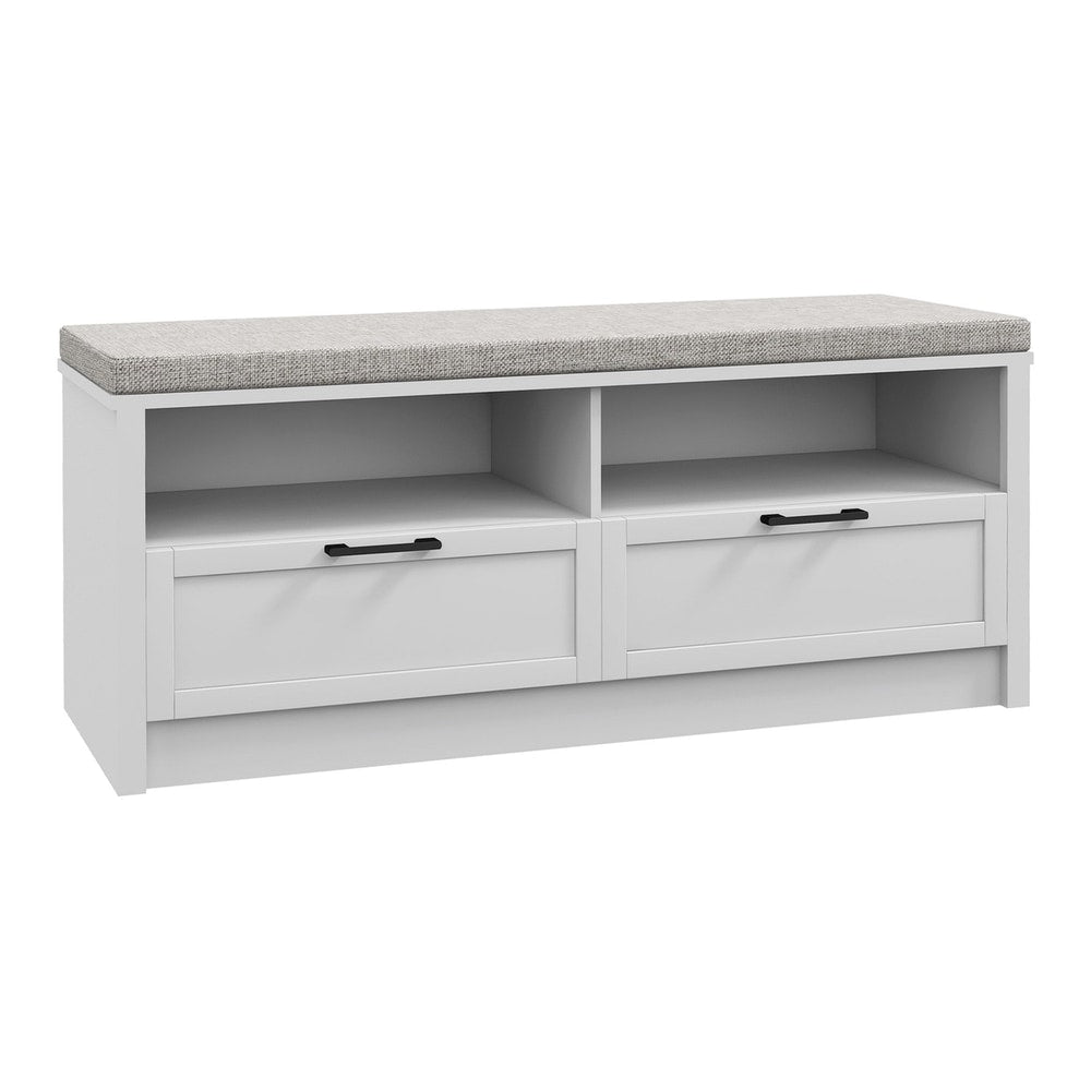 HOMCOM Shoe Bench with Removable Cushion featuring a grey padded seat and two white storage drawers