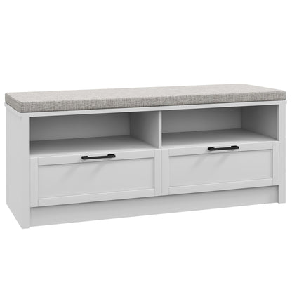 HOMCOM Shoe Bench with Removable Cushion featuring a grey padded seat and two white storage drawers