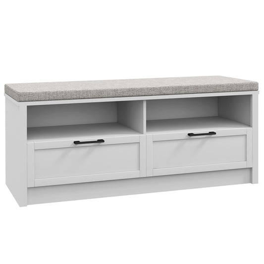 HOMCOM Shoe Bench with Removable Cushion featuring a grey padded seat and two white storage drawers
