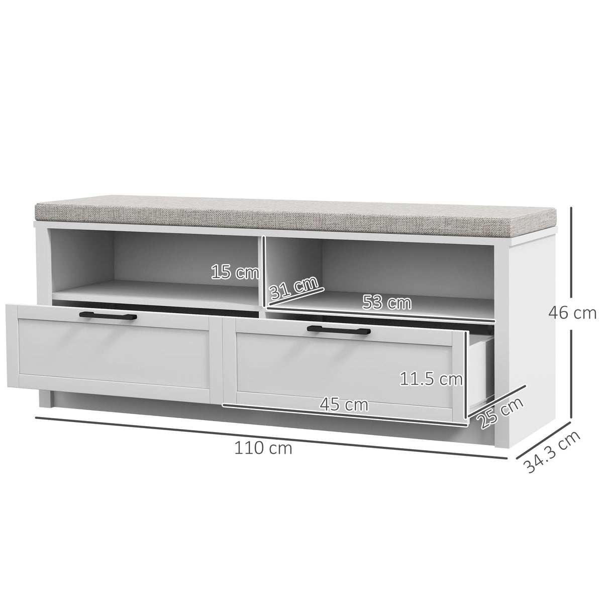 The shoe storage bench with dimensions marked on the frame and one drawer pulled open