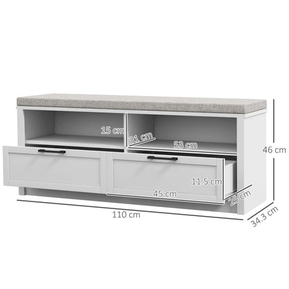 The shoe storage bench with dimensions marked on the frame and one drawer pulled open