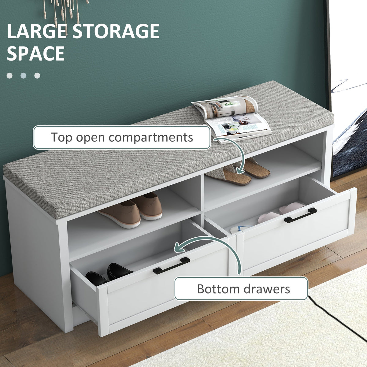 The shoe storage bench showing the open compartments and drawers with labels for storage space