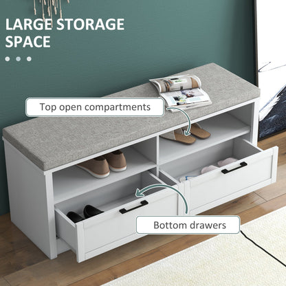 The shoe storage bench showing the open compartments and drawers with labels for storage space