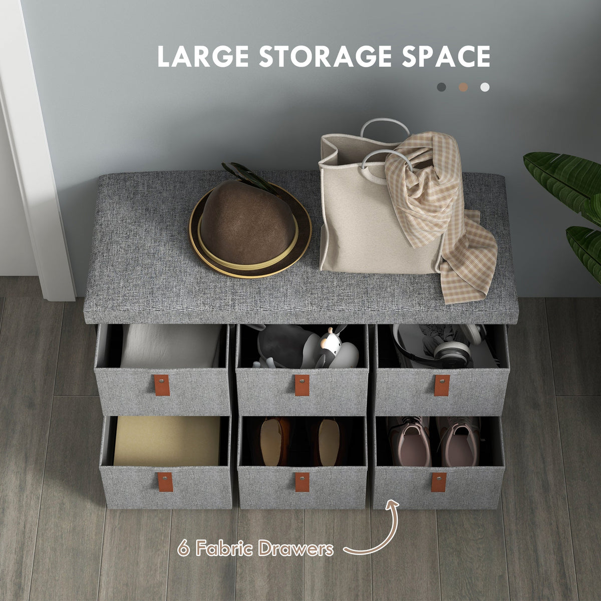Top view of the shoe storage bench showing six fabric drawers with items stored inside