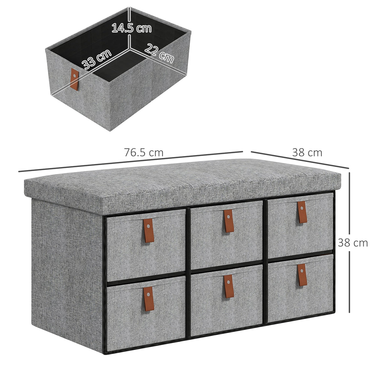 The shoe storage bench with dimension lines and a separate view of one fabric drawer