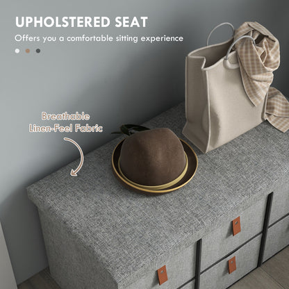 Close up of the cushioned seat on the shoe storage bench with a hat and bag on top