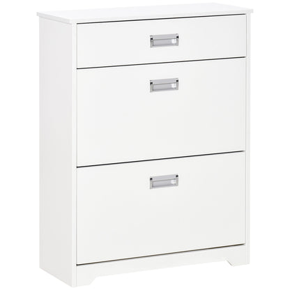 HOMCOM Shoe Cabinet, a white narrow shoe cupboard with a drawer and two flip-up doors