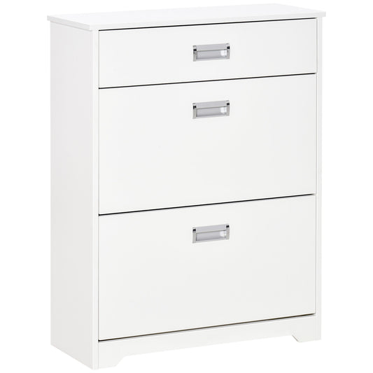 HOMCOM Shoe Cabinet, a white narrow shoe cupboard with a drawer and two flip-up doors