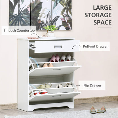 The shoe storage cabinet with its drawer and flip-up doors open showing shoes
