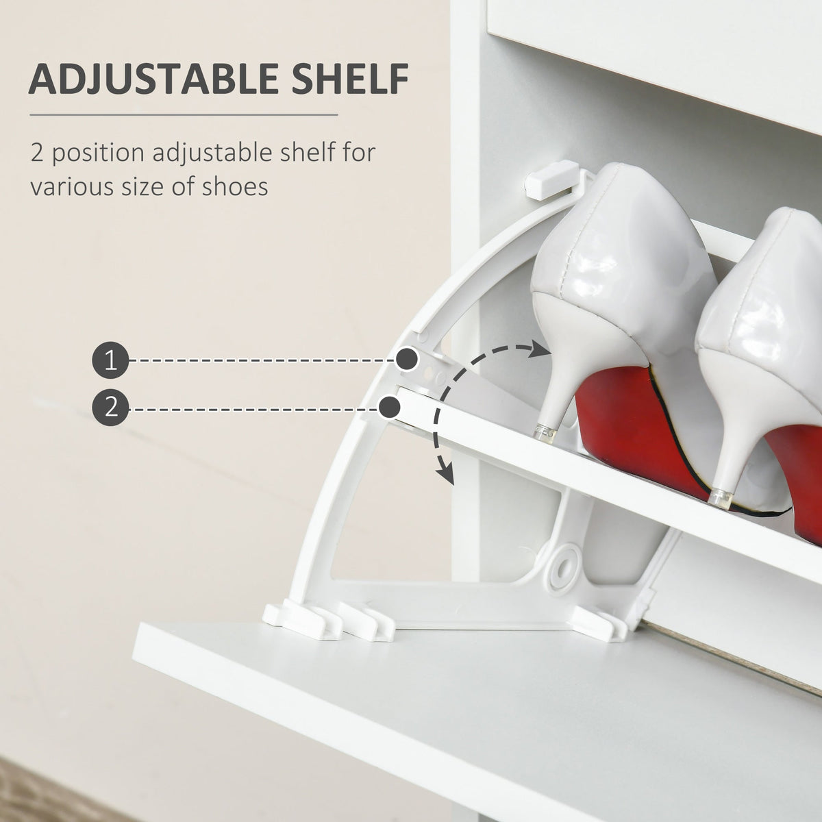 Close up of the adjustable shelf inside the shoe storage cabinet