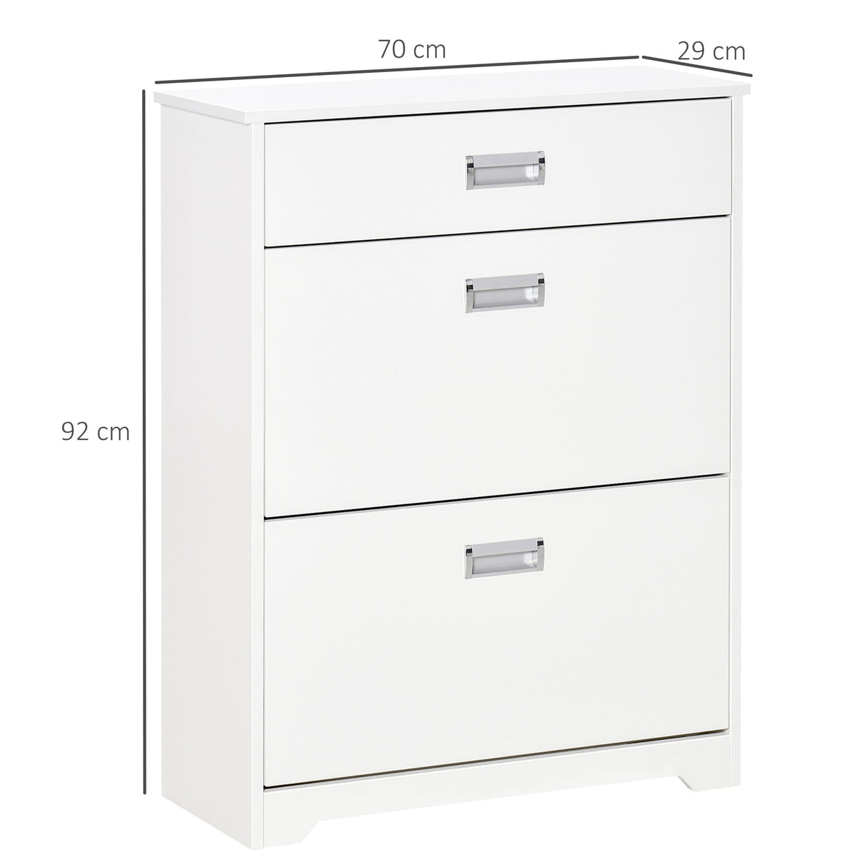 A white narrow shoe cupboard with a drawer and two flip-up doors, showing dimensions