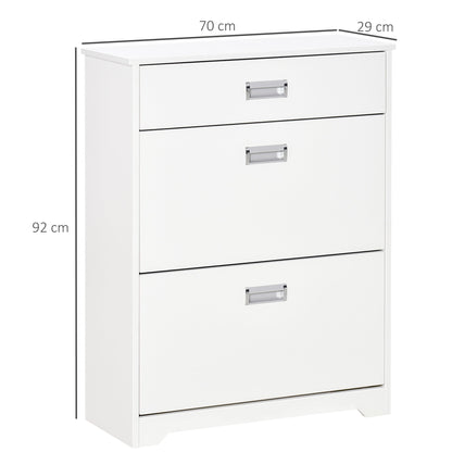A white narrow shoe cupboard with a drawer and two flip-up doors, showing dimensions
