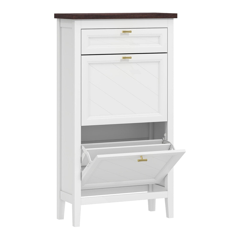 HOMCOM Shoe Cabinet with 2 Flip Drawers, a white narrow cabinet with a dark top and two flip-down shoe storage compartments