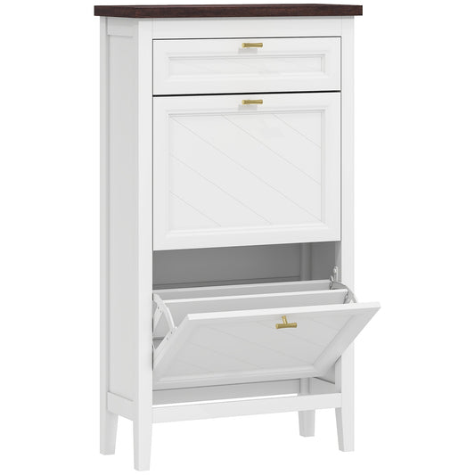 HOMCOM Shoe Cabinet with 2 Flip Drawers, a white narrow cabinet with a dark top and two flip-down shoe storage compartments