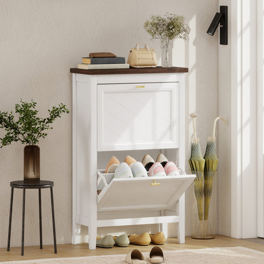 The white farmhouse shoe storage cabinet in a hallway, filled with shoes and decorative items