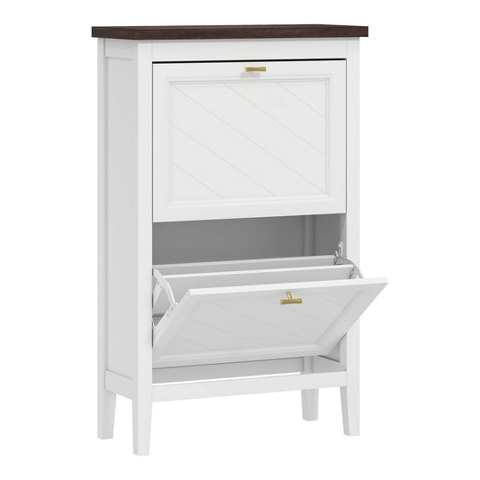 HOMCOM Shoe Cabinet with 2 Flip Drawers, a white farmhouse style shoe storage unit with a dark top