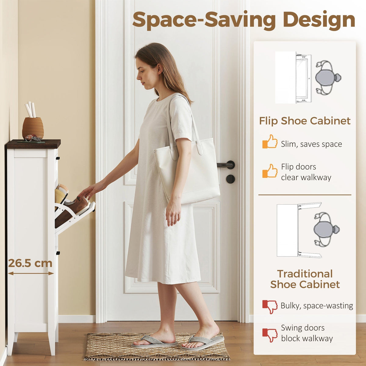 A woman using the shoe storage cabinet in a hallway to show its space saving design