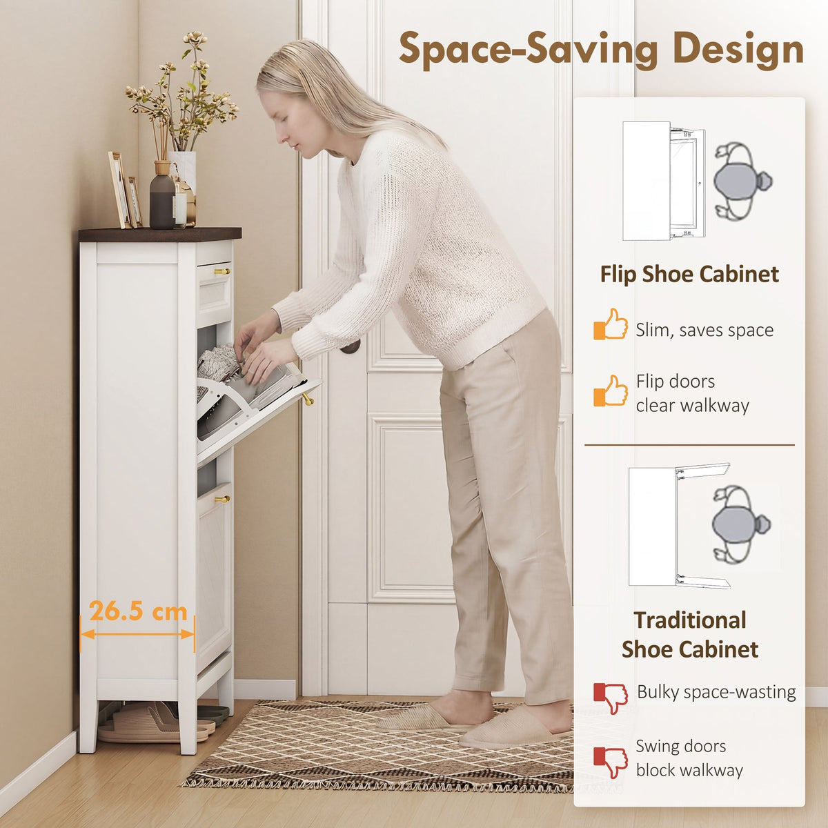 A woman using the space-saving flip shoe cabinet, showing its slim design