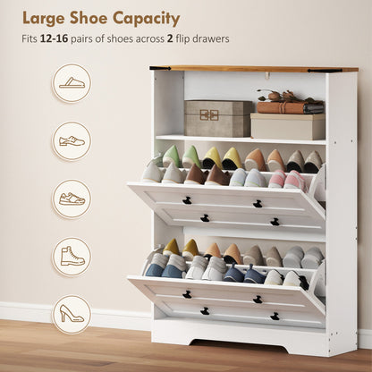 The white narrow shoe storage cabinet filled with various pairs of shoes in its compartments