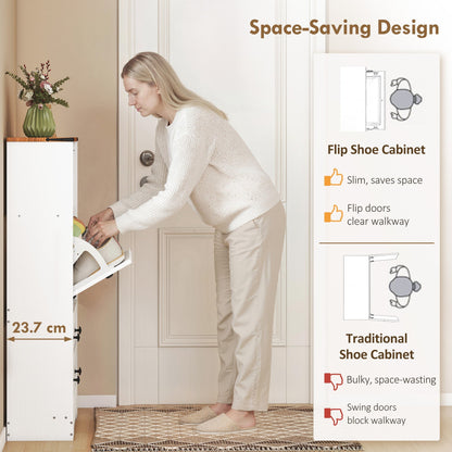 A woman placing shoes into the flip-down compartment of the narrow shoe storage cabinet