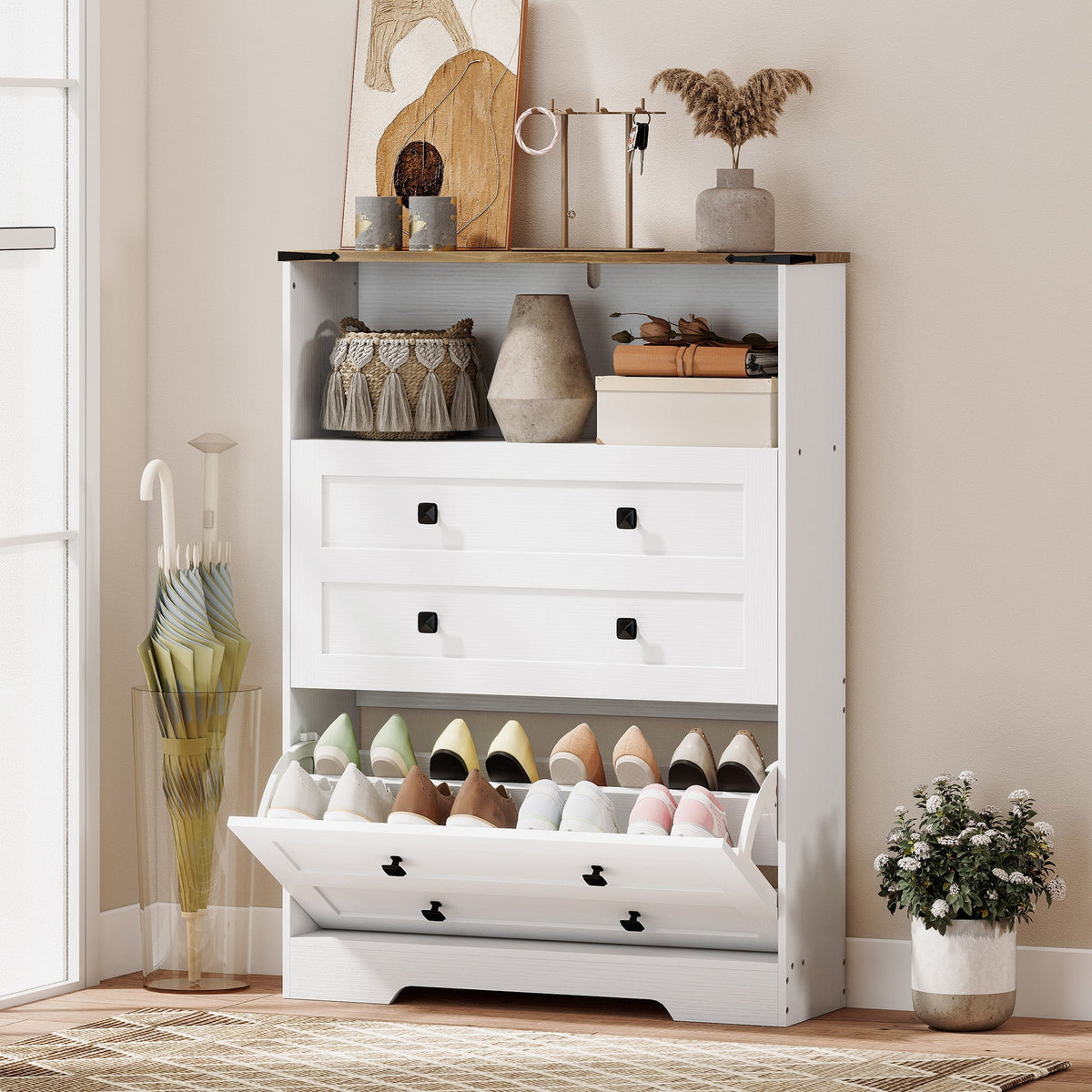 The narrow shoe storage cabinet is shown in a room with shoes inside and decorative items on top