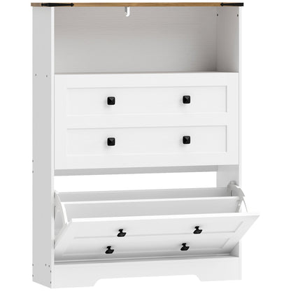 HOMCOM Shoe Cabinet with 2 Flip Drawers, a white narrow shoe storage cabinet with two flip drawers