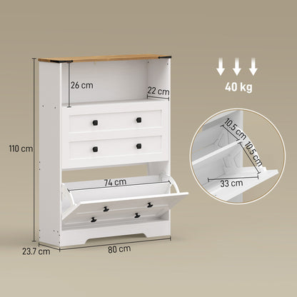 A white narrow shoe storage cabinet with dimensions and weight capacity indicated