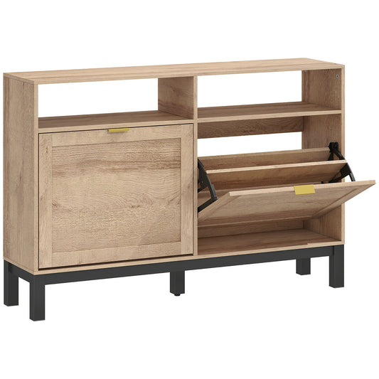 HOMCOM Shoe Cabinet with 2 Flip Drawers, a narrow shoe storage unit with a cupboard and two flip-down compartments