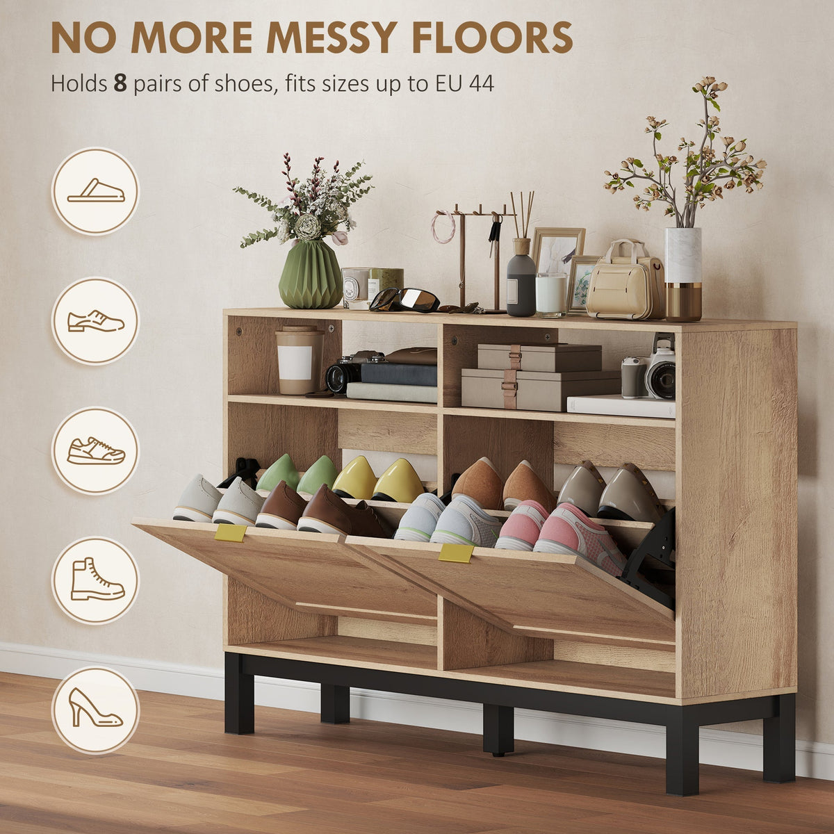 The shoe storage unit displaying multiple pairs of shoes inside its compartments