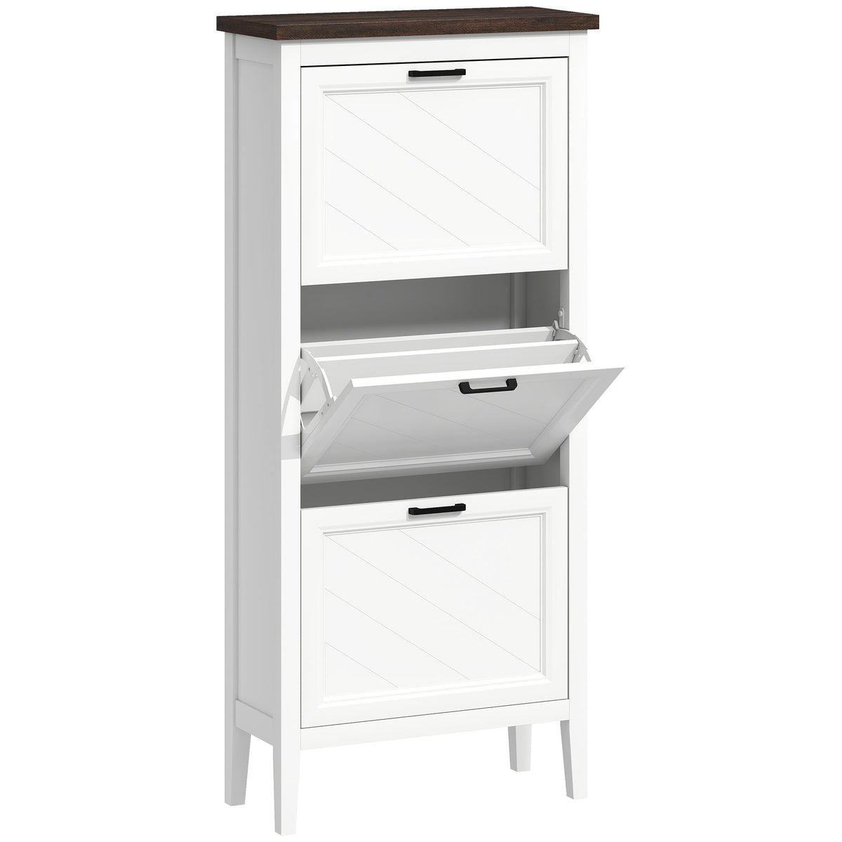 HOMCOM Shoe Cabinet with 3 Flip Drawers, a tall white cabinet with a dark wood top and three flip-down drawers