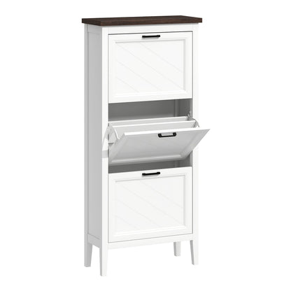 HOMCOM Shoe Cabinet with 3 Flip Drawers, a tall white cabinet with a dark wood top and three flip-down drawers