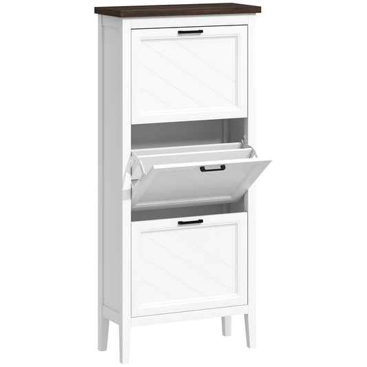HOMCOM Shoe Cabinet with 3 Flip Drawers, a tall white cabinet with a dark wood top and three flip-down drawers