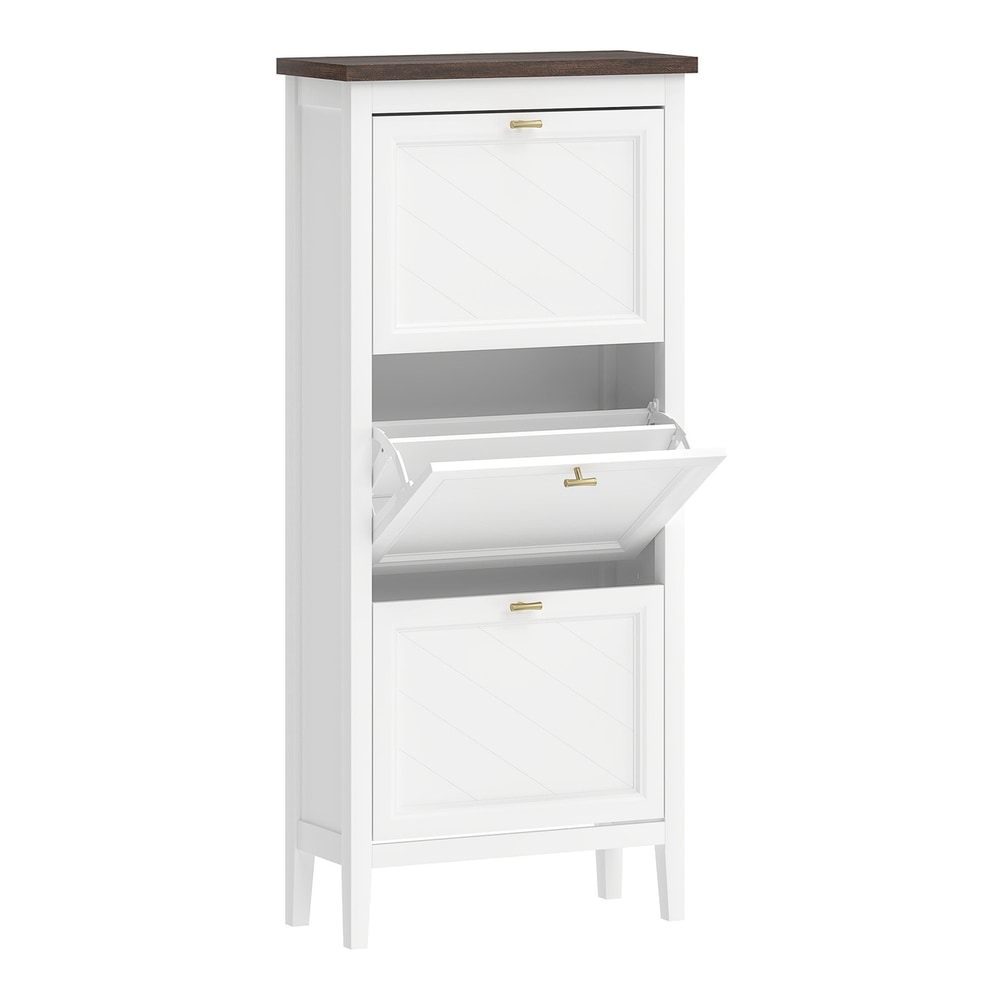 HOMCOM Shoe Cabinet with 3 Flip Drawers, a narrow white cabinet with a dark top and three flip-down drawers