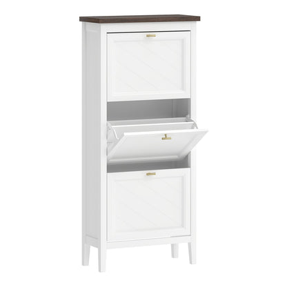 HOMCOM Shoe Cabinet with 3 Flip Drawers, a narrow white cabinet with a dark top and three flip-down drawers