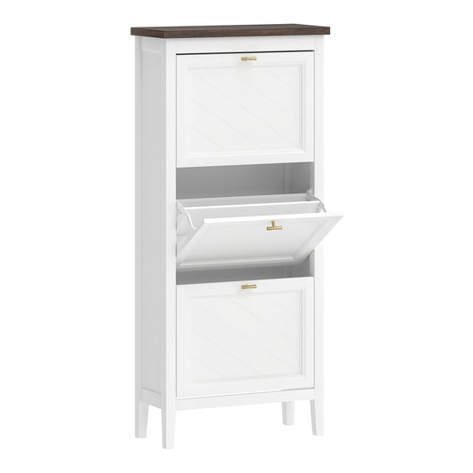 HOMCOM Shoe Cabinet with 3 Flip Drawers, a narrow white cabinet with a dark top and three flip-down drawers