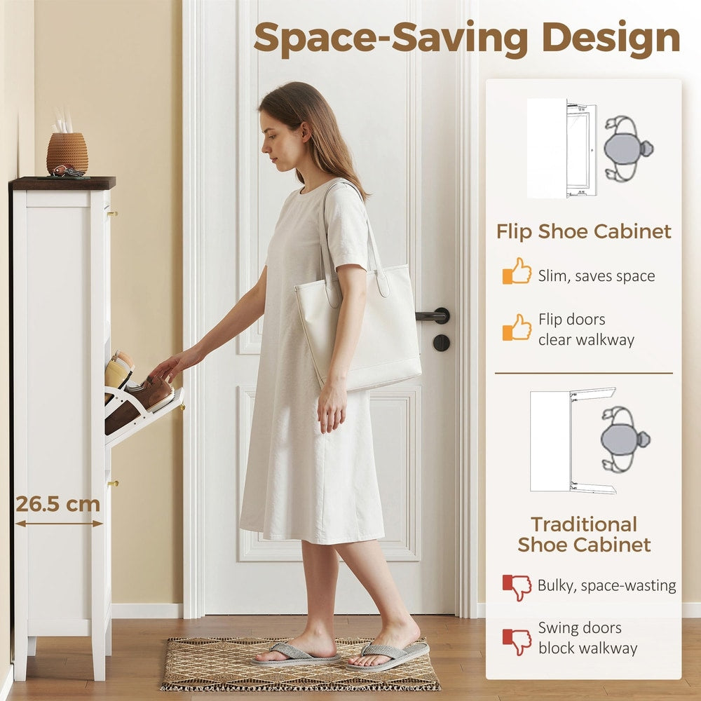 A woman standing next to the narrow shoe storage cabinet, demonstrating its slim profile