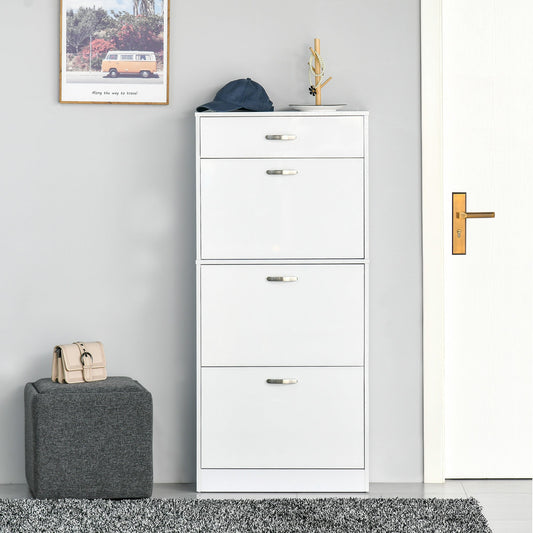 This white shoe storage unit is shown in a hallway next to a door and a small stool