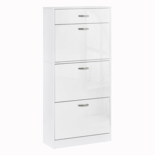 HOMCOM Shoe Cabinet with 3 Flip Drawers, a white high gloss shoe storage unit with a top drawer and three flip drawers