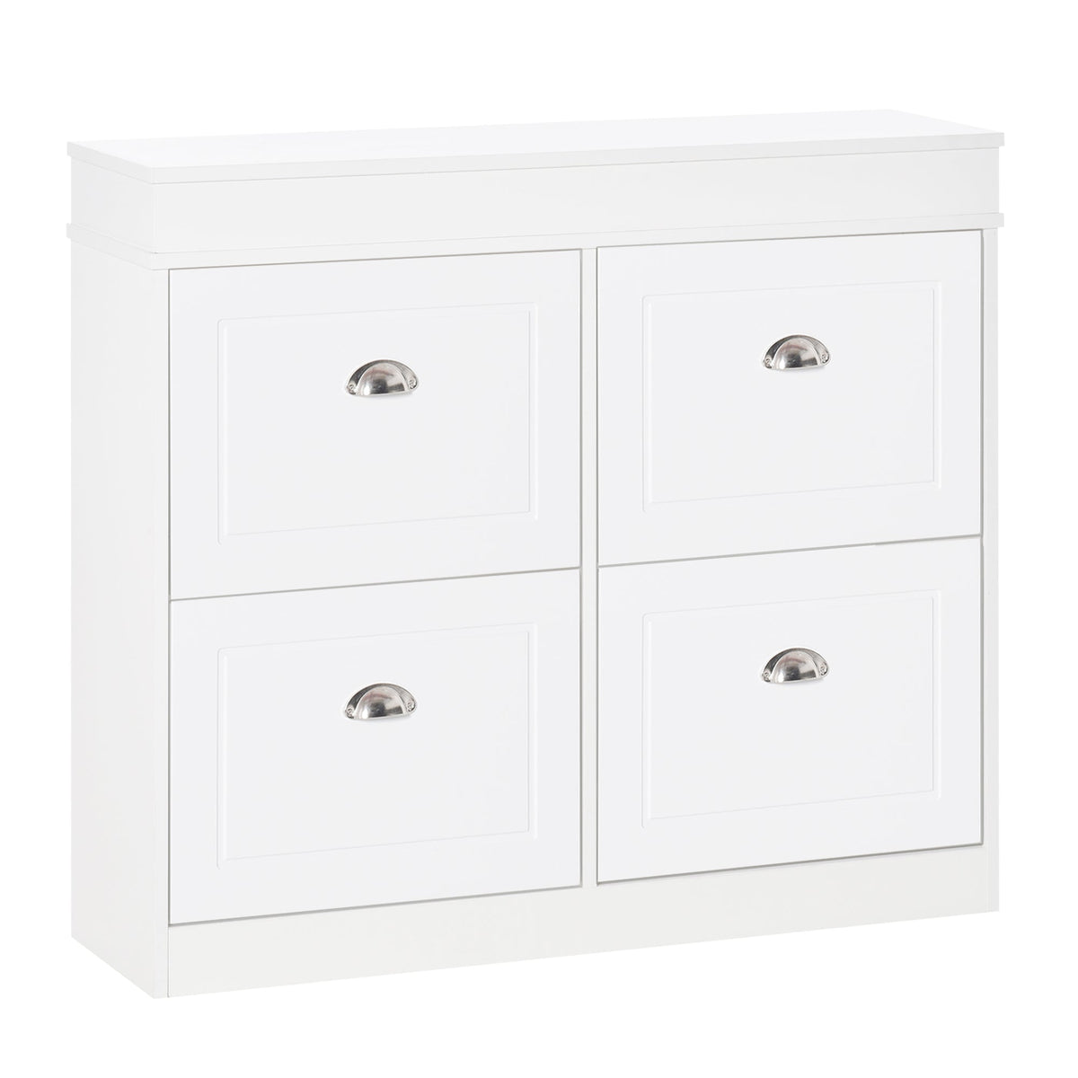 HOMCOM Shoe Cabinet in white with four closed flip drawers and silver metal handles