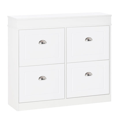 HOMCOM Shoe Cabinet in white with four closed flip drawers and silver metal handles