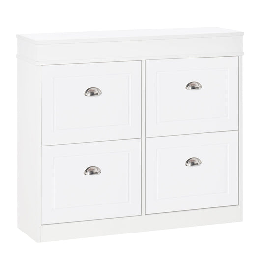 HOMCOM Shoe Cabinet in white with four closed flip drawers and silver metal handles