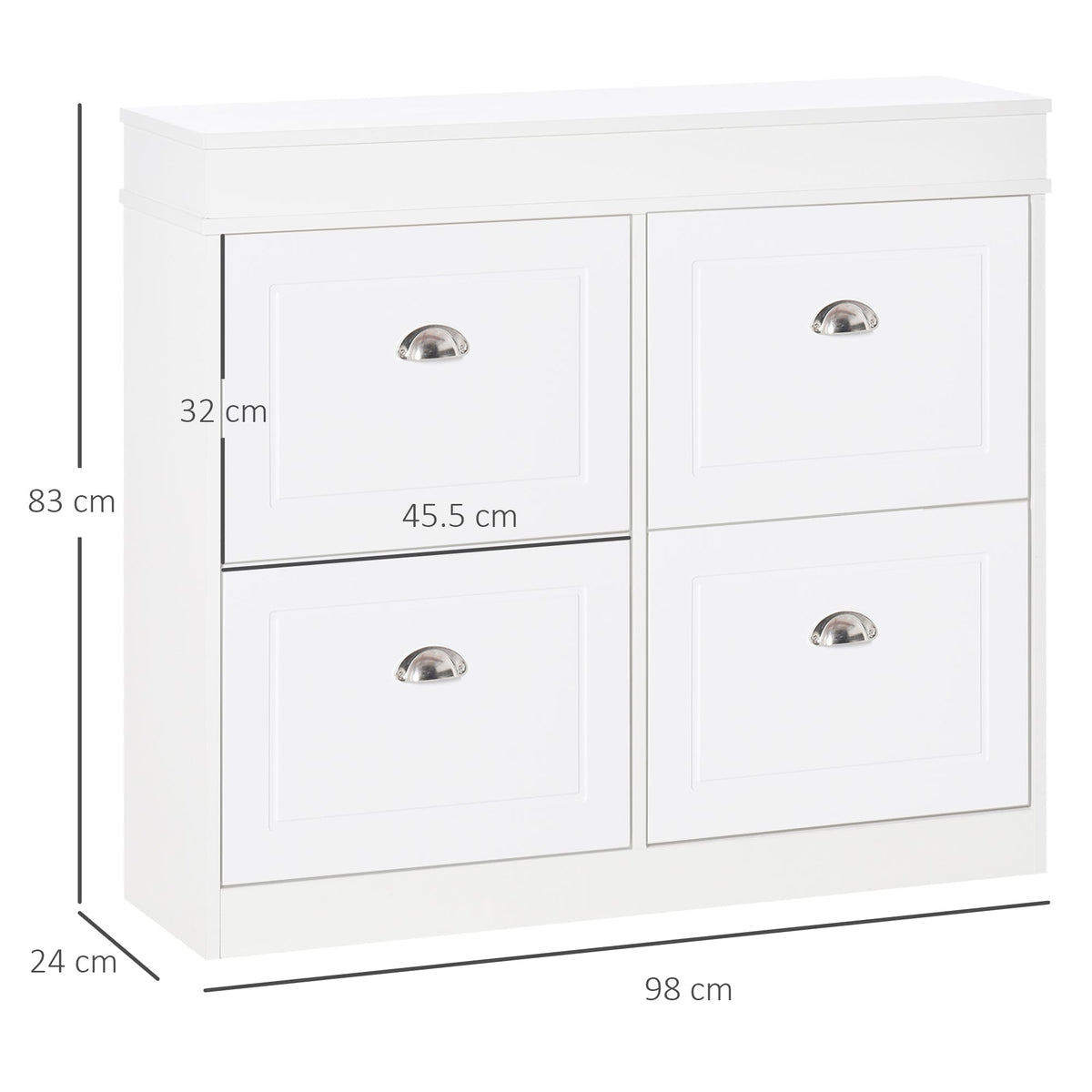 The white shoe storage unit with black dimension lines and measurements shown on the exterior