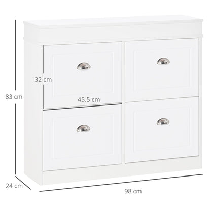 The white shoe storage unit with black dimension lines and measurements shown on the exterior