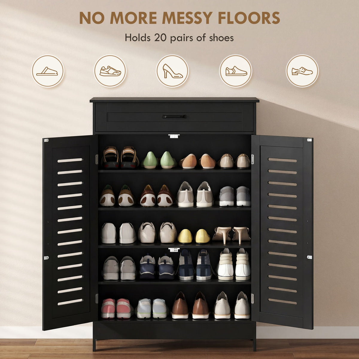 The shoe storage cabinet fully stocked with many pairs of shoes to demonstrate its capacity